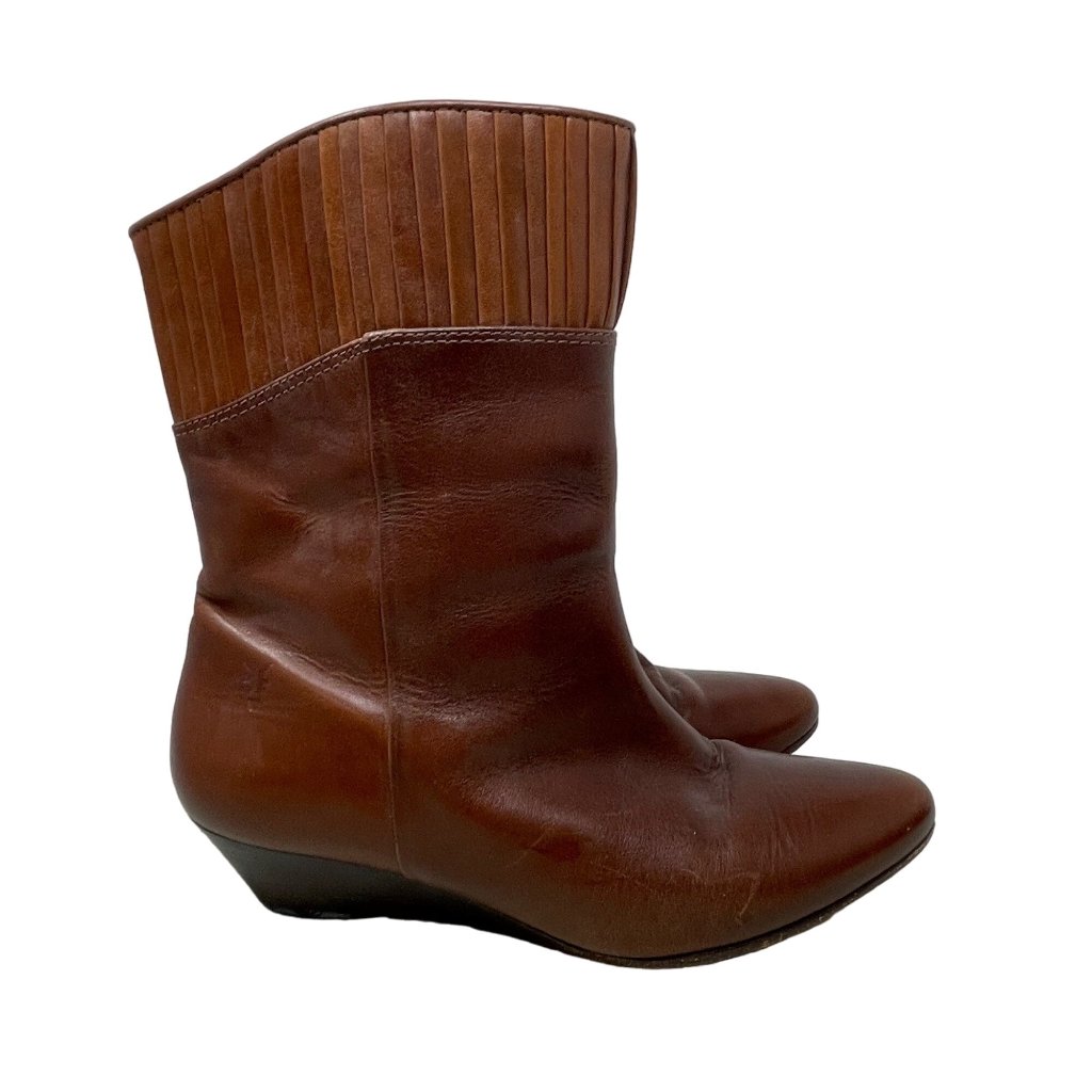 Frye Sam Boots Size 6.5 Pleated Leather Wedge Heel Mid Calf Brown Robin Hood